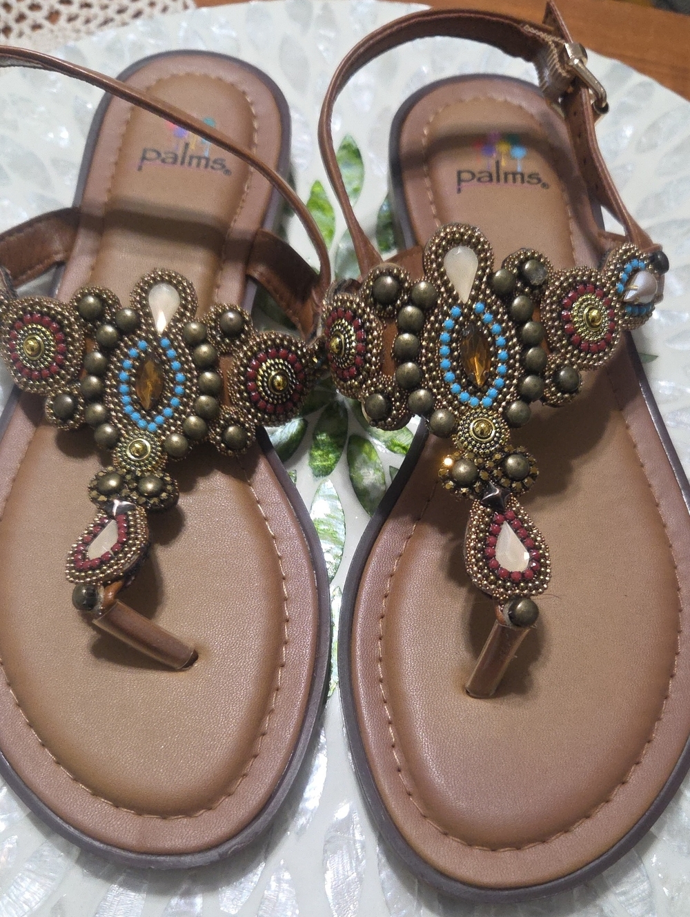 Palms Women's Brown Beaded T-Strap Sandals